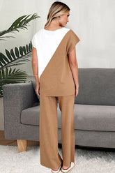 Shiny Two-Tone Round Neck Top and Pants Set OutfitFlow